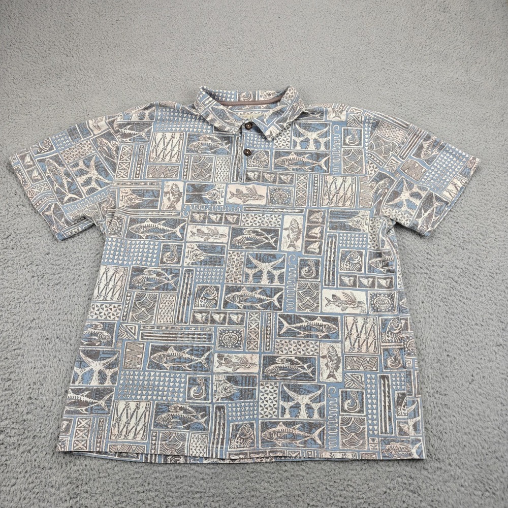 Vintage Crazy Shirts Hawaiian Polo Shirt Mens Large Blue Fish Print Cotton‎ 90s